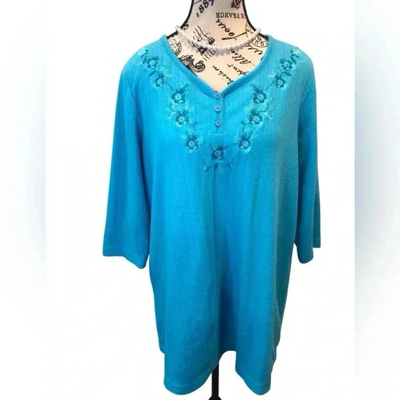 Blair Womens Large Turquoise Blue Blouse Embroidered Floral 3/4 Sleeves - Picture 1 of 6